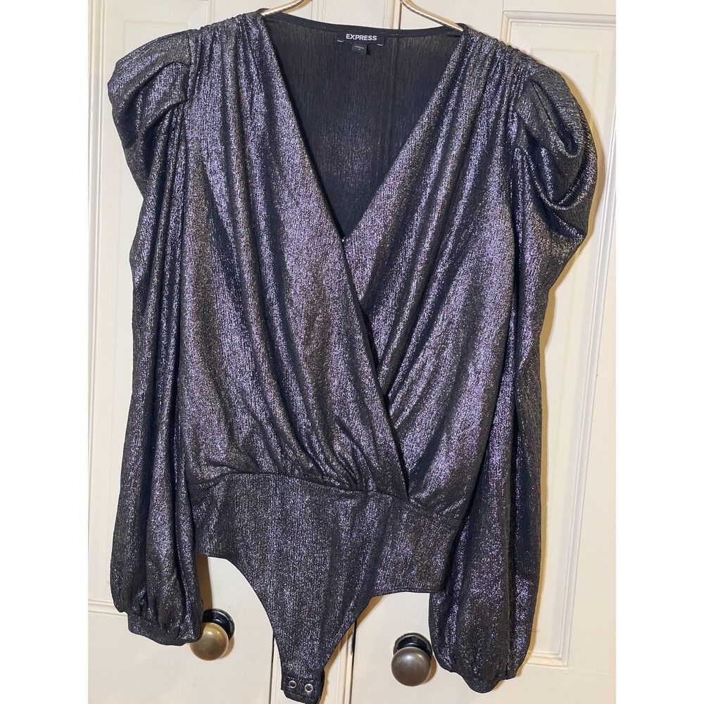 Express Metallic Shimmer Wrap Bodysuit - Size S